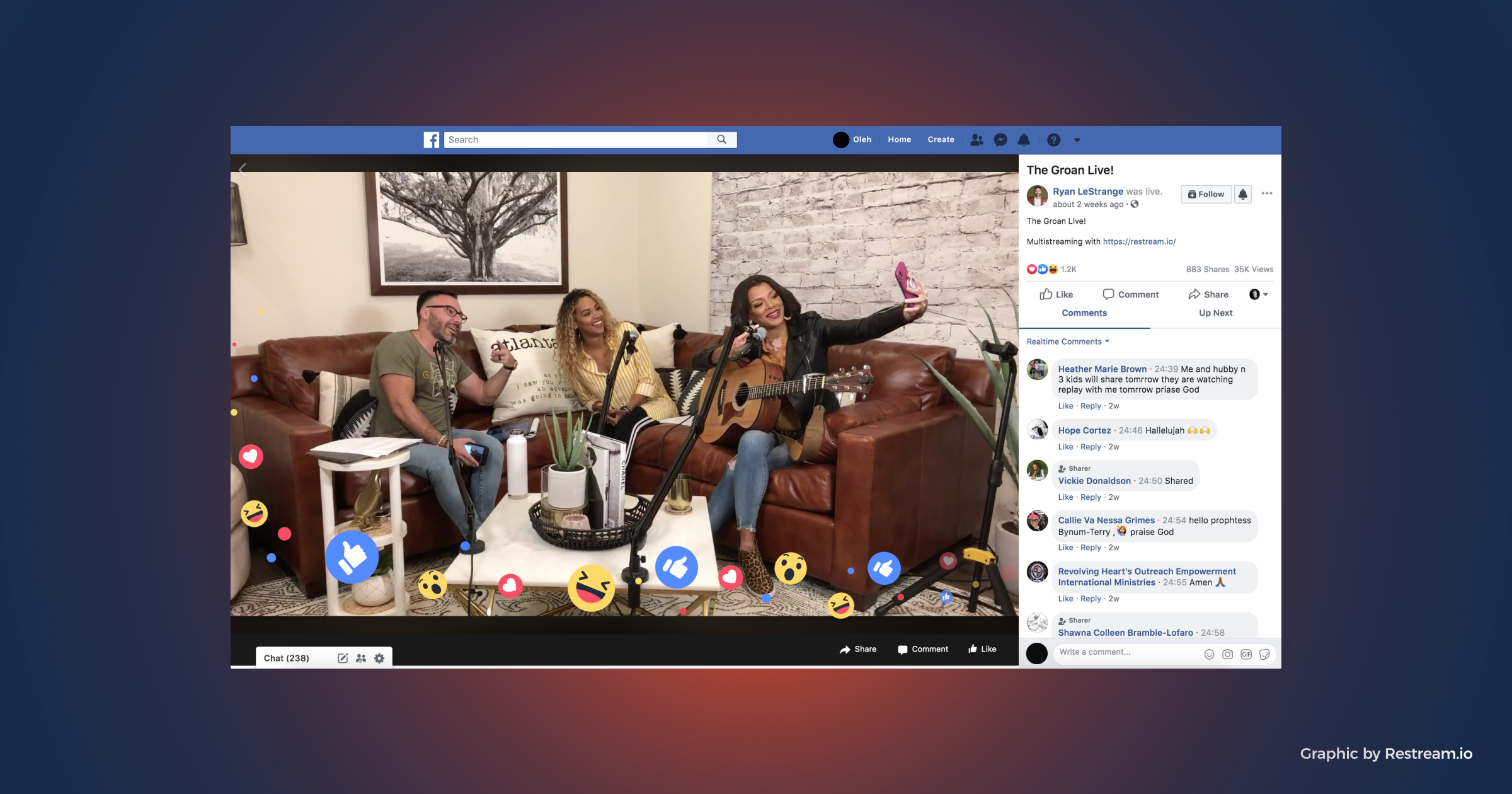 Facebook Live screenshot with lots of viewers and emojis popping from the frame