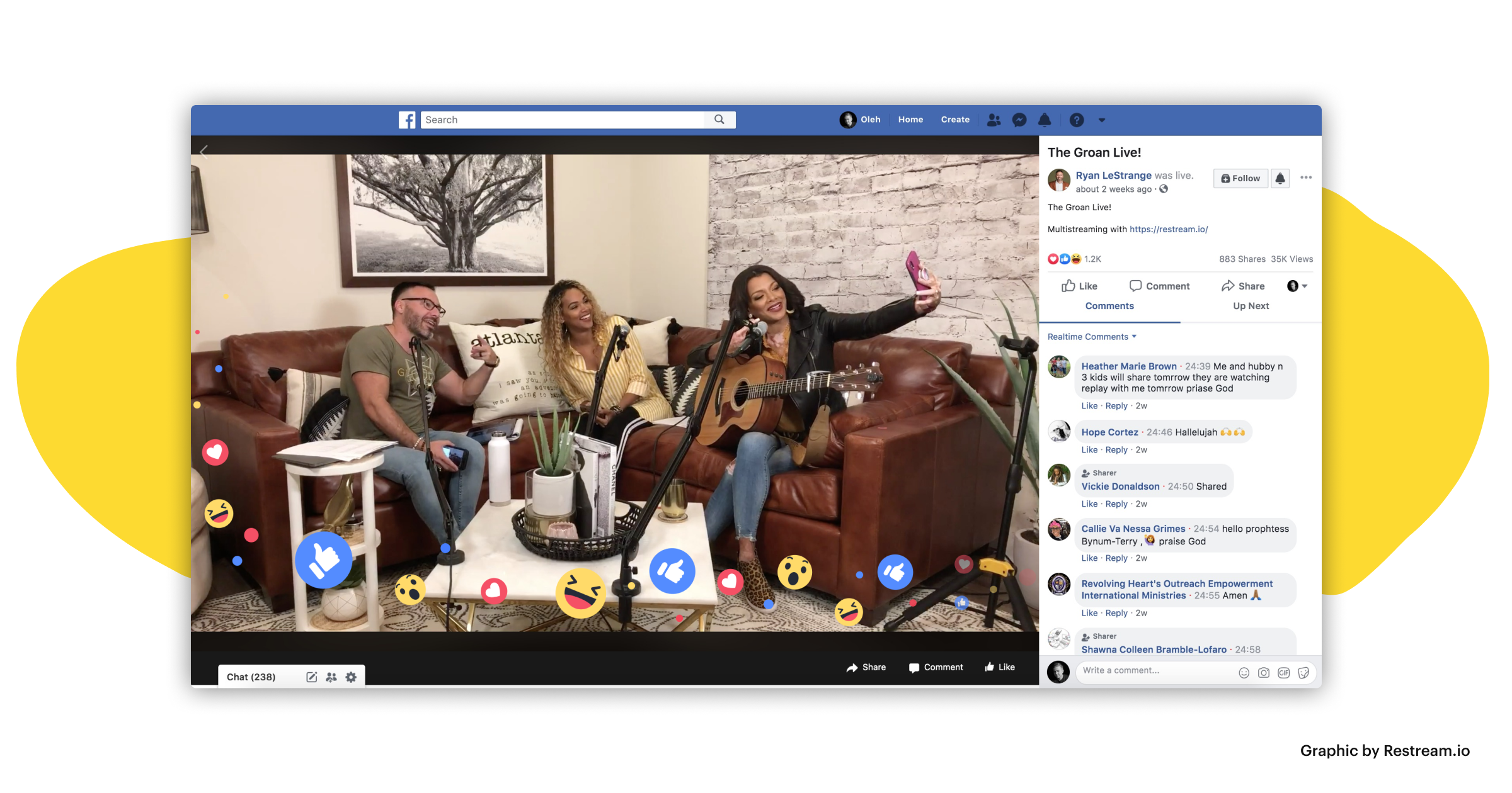 Facebook Live screenshot with lots of viewers and emojis popping from the frame