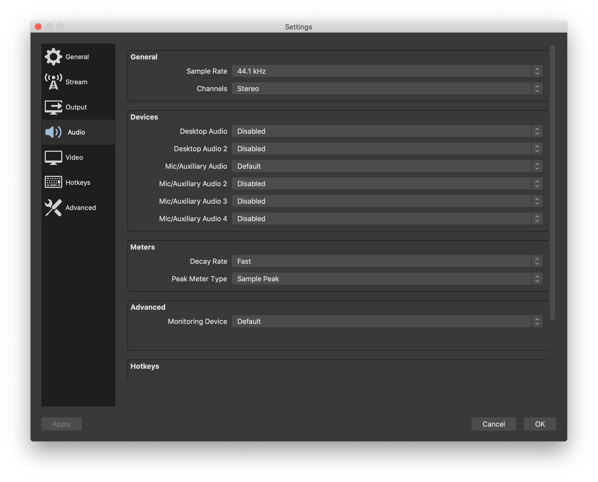Screenshot of OBS Studio. File, Settings, Audio