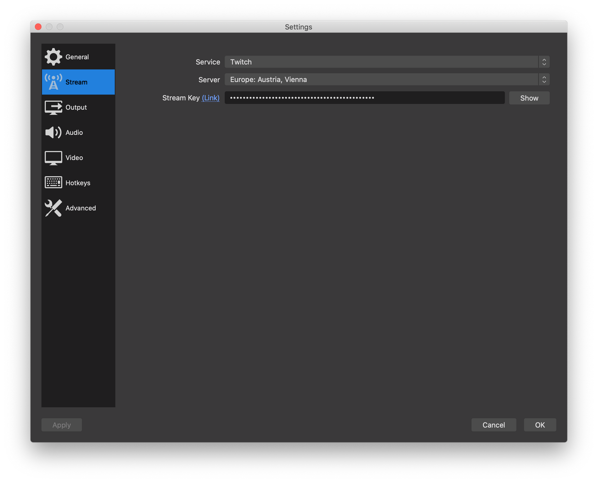 Screenshot of OBS Studio. File, Settings, Stream