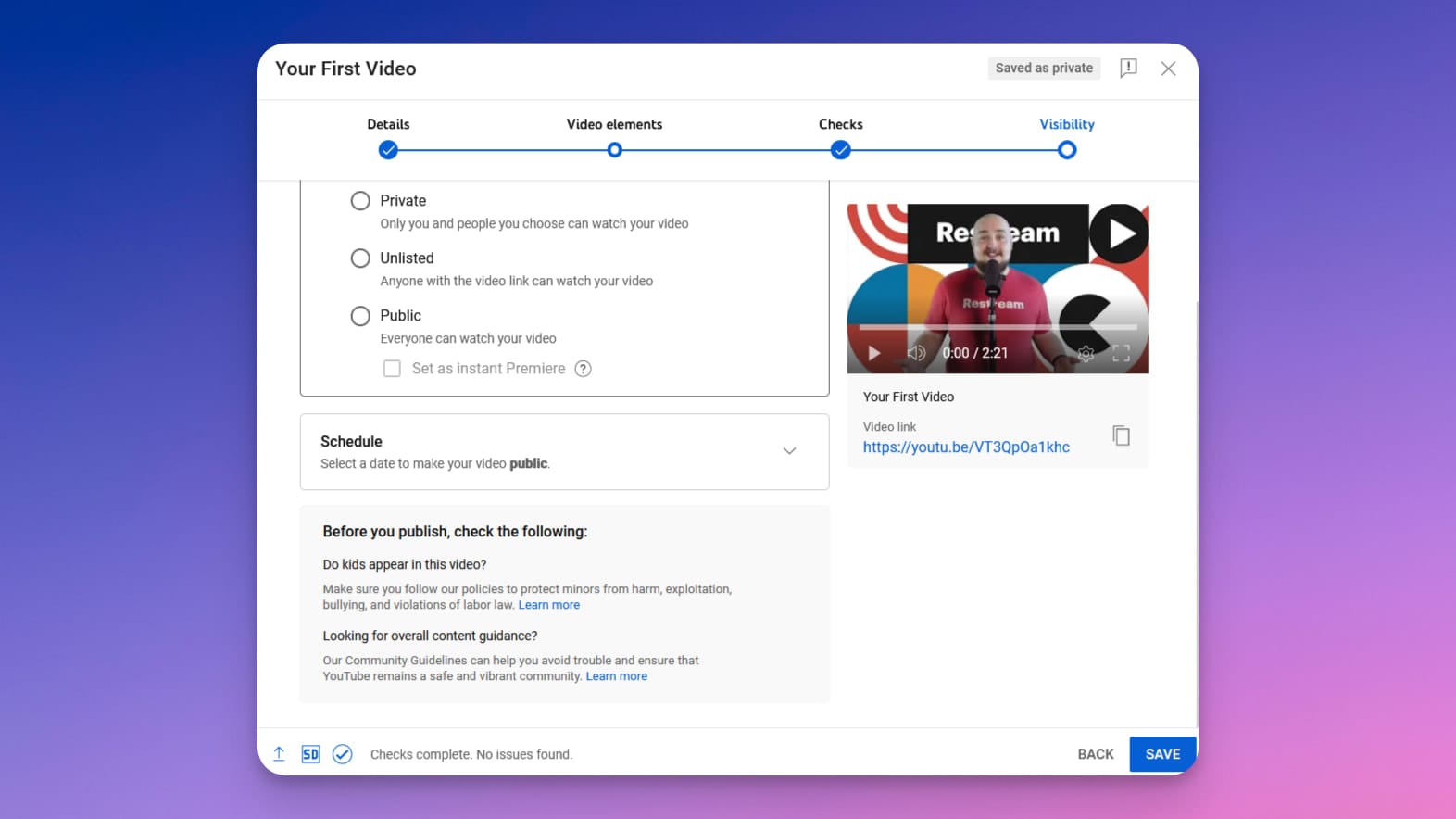 Youtube video publishing settings