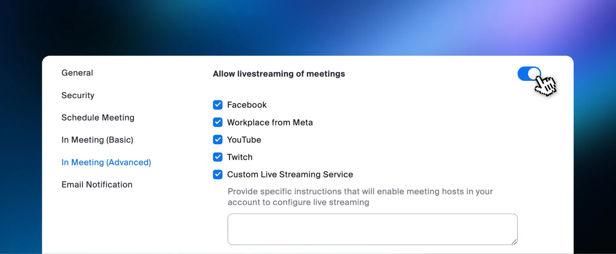 Zoom settings "Allow livestreaming of meetings".