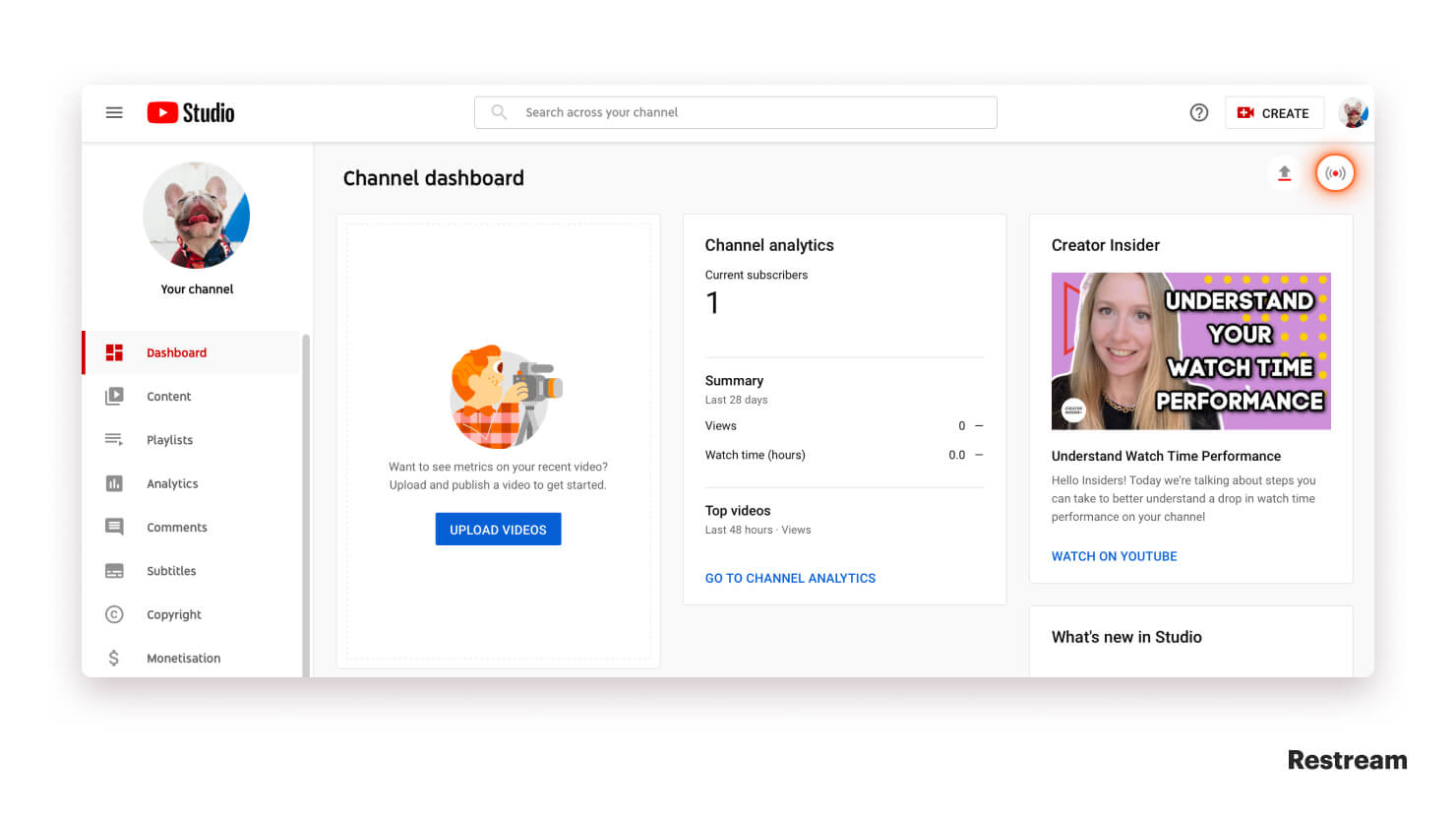 YouTube Studio dashboard