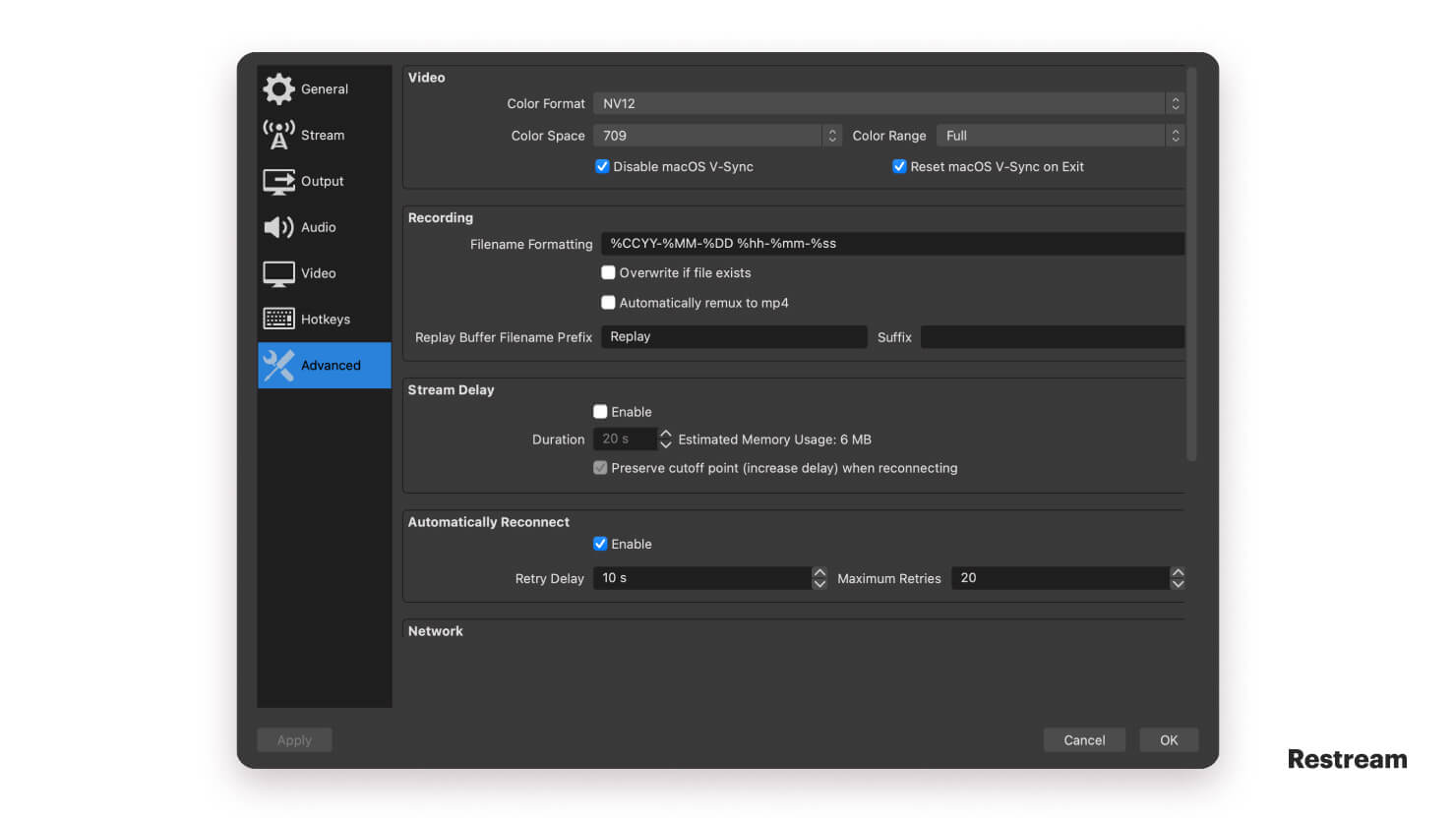 OBS Studio advanced settings