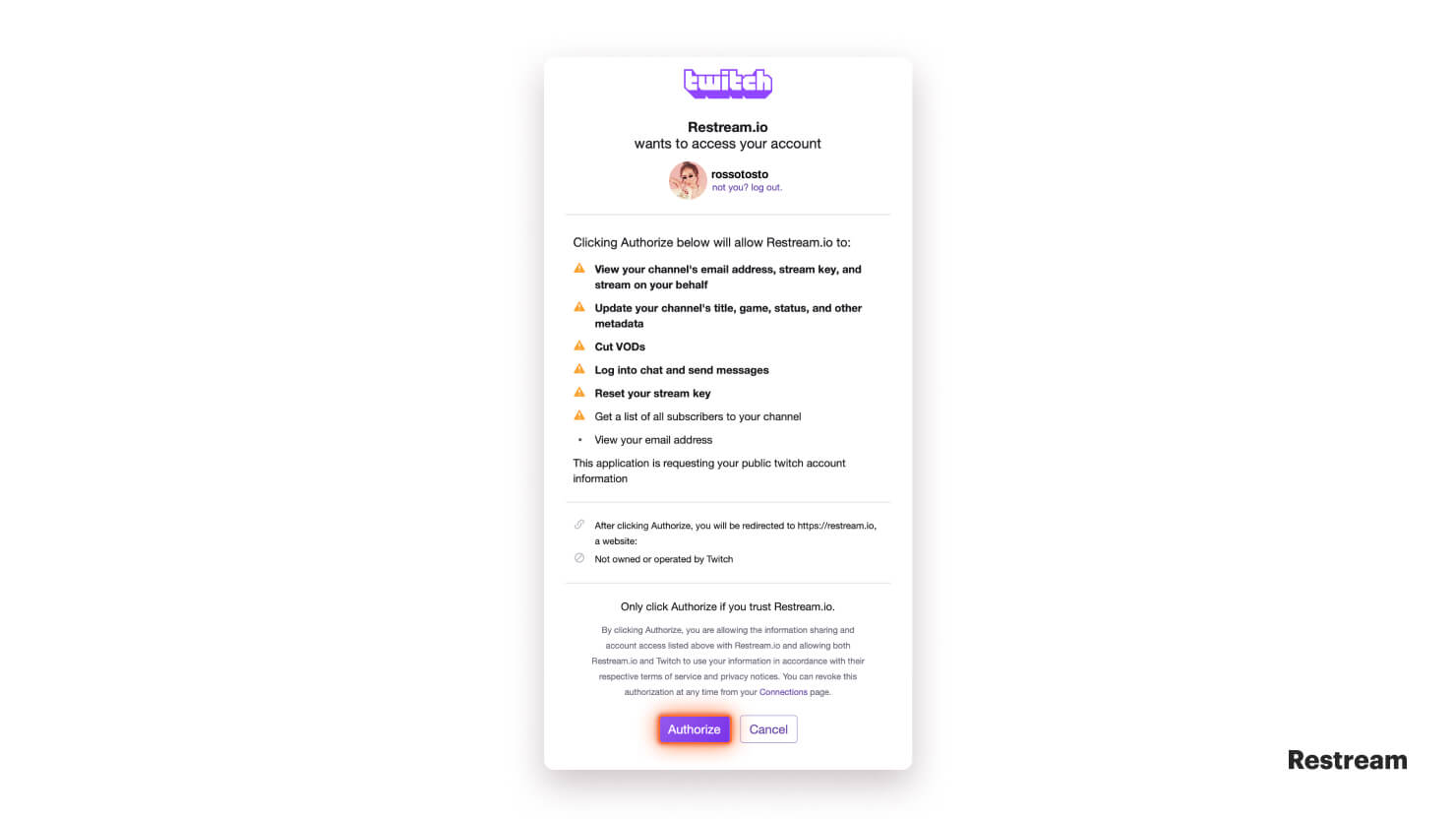 Authorize Twitch account with Restream