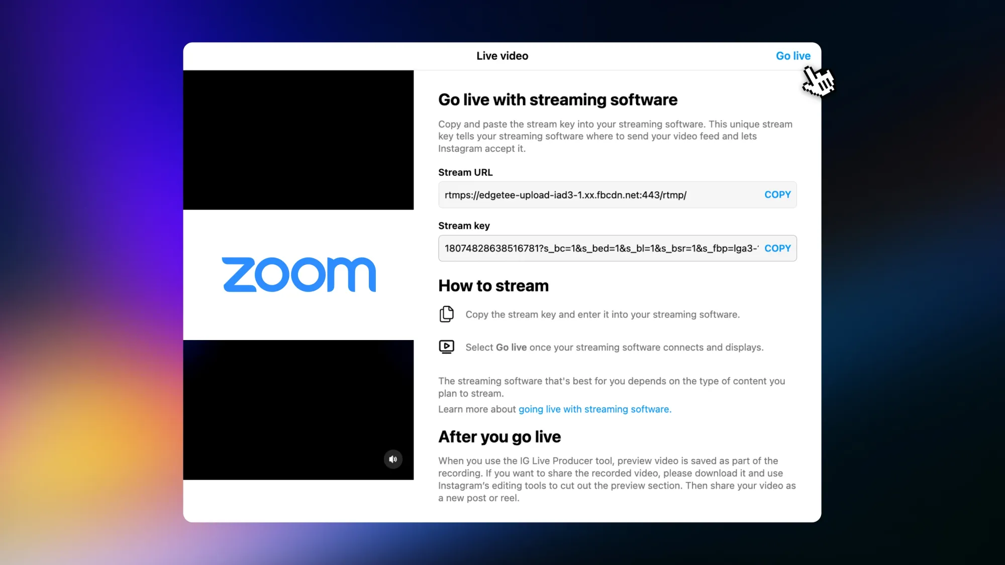 Stream Zoom to Instagram Live.