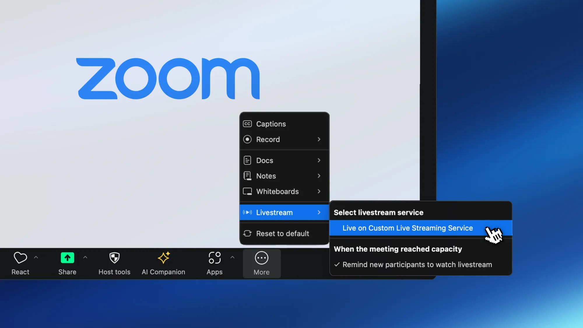 Zoom settings "Live on Custom Live Streaming Service".