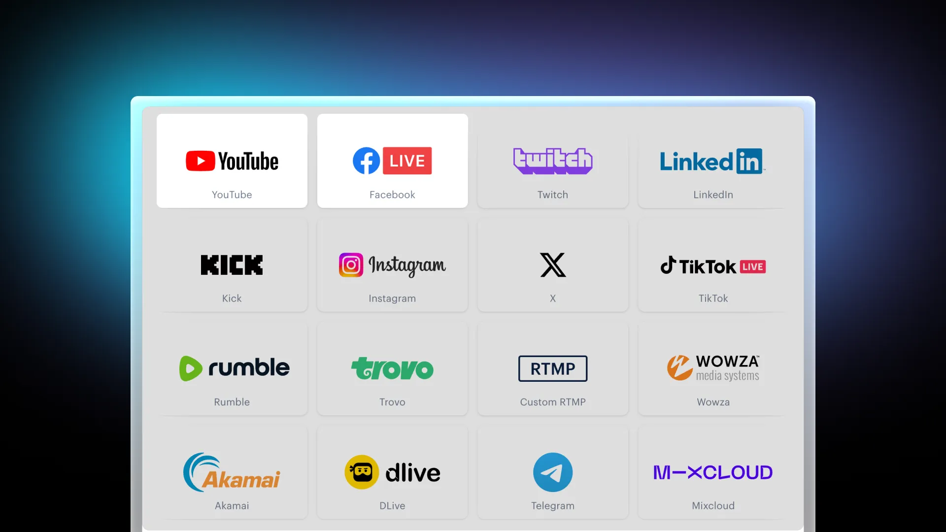 YouTube and Facebook on Restream's list of platforms