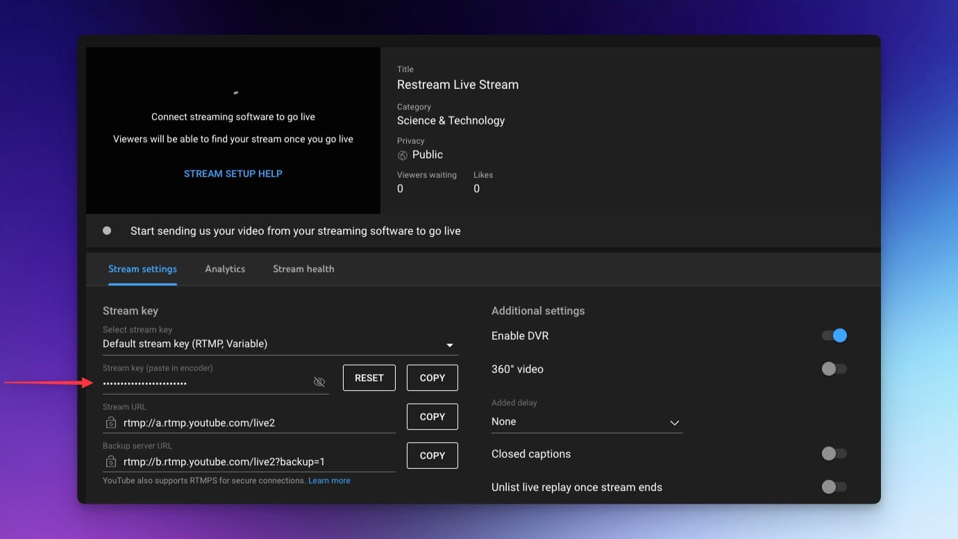YouTube live stream settings