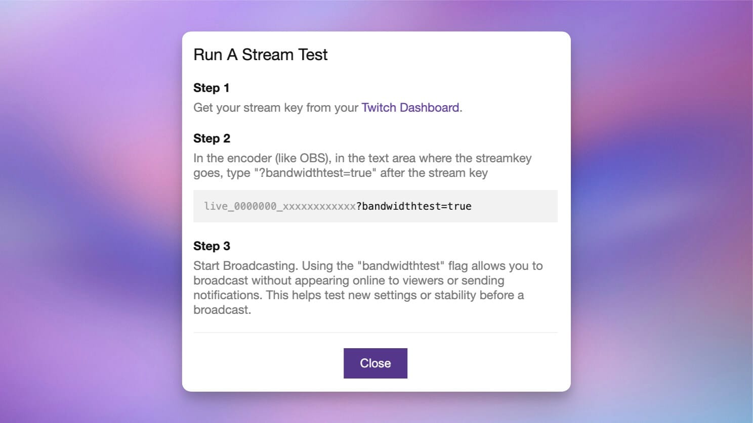 Steps on how to run a stream test on Twitch
