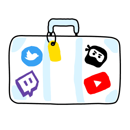 Suitecase with stickers of Twitch, YouTube, Twitter and DLive